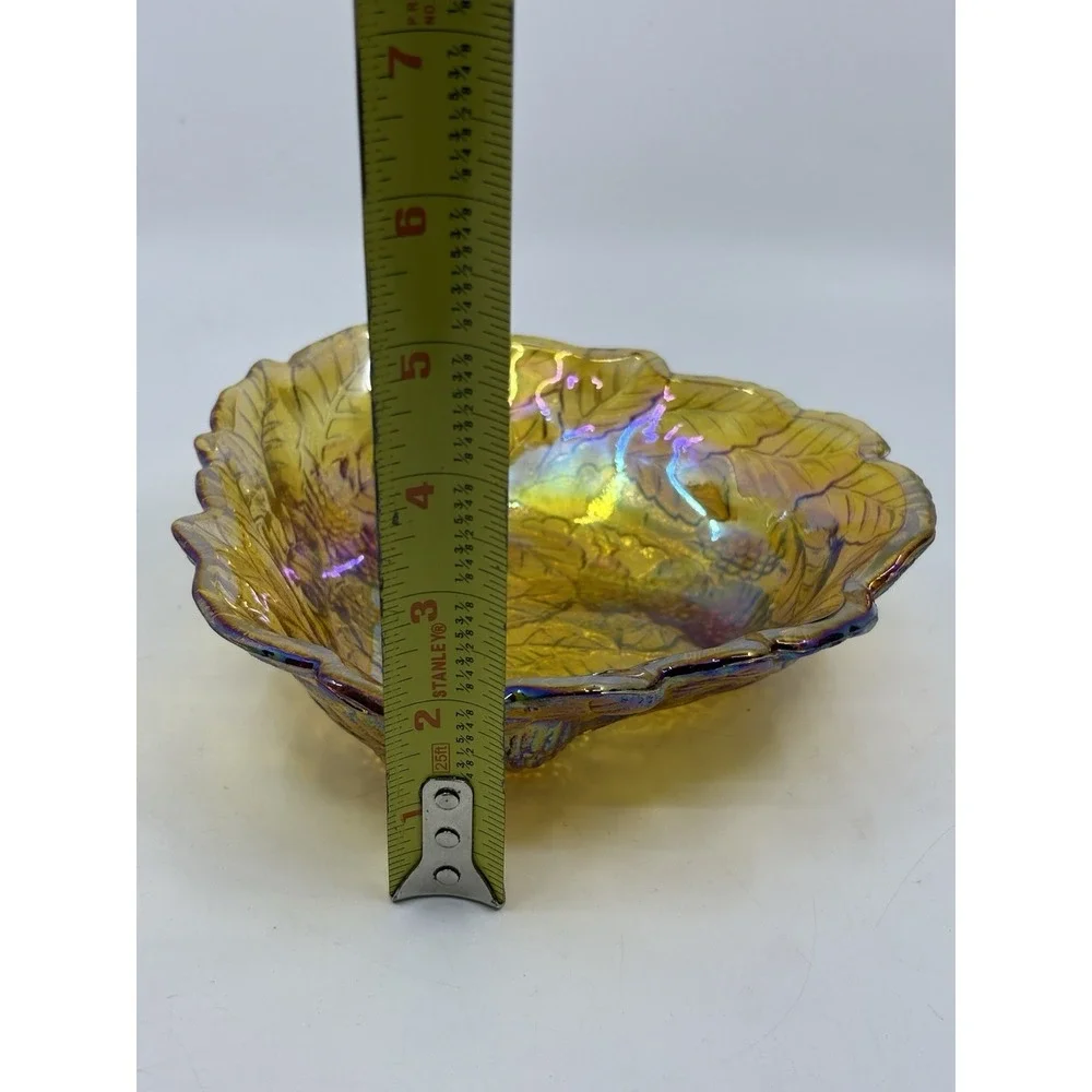 Antique Imperial Marigold Carnival Grape Leaf Shape Glass Scalloped Bowl Dish 7